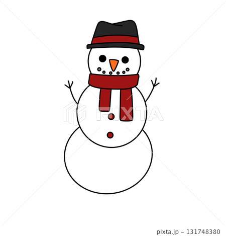 A cartoon snowman wearing a red scarf and hat A cartoon snowman wearing a red scarf and hat 131748380