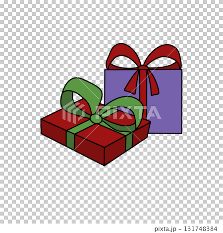 Two boxes with ribbons on them, one is red and the other is purple 131748384