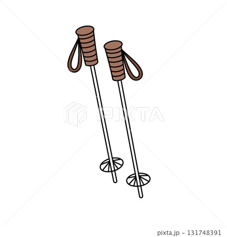 Two ski poles with brown handles and white tips Two ski poles with brown handles and white tips 131748391
