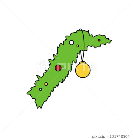 A green Christmas tree with a gold ornament hanging from it 131748504