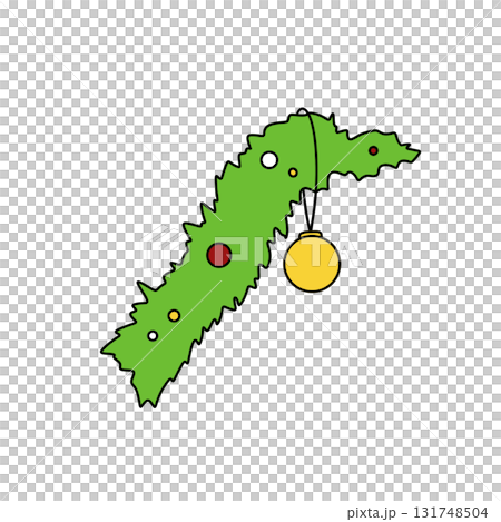 A green Christmas tree with a gold ornament hanging from it 131748504