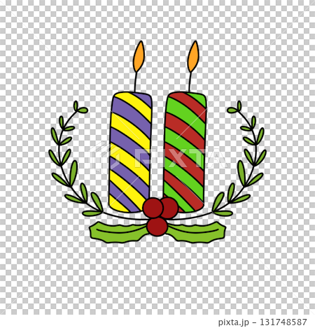 Two candles with green and red stripes on them are lit Two candles with green and red stripes on them are lit 131748587