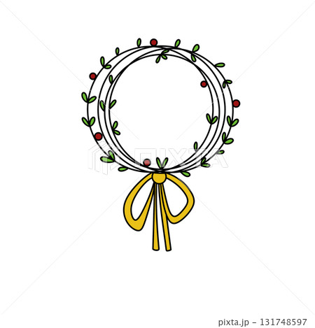 A wreath with green leaves and red berries is drawn in a yellow ribbon A wreath with green leaves and red berries is drawn in a yellow ribbon 131748597