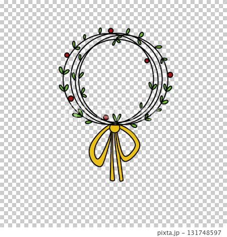 A wreath with green leaves and red berries is drawn in a yellow ribbon A wreath with green leaves and red berries is drawn in a yellow ribbon 131748597