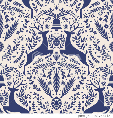 Blue Reindeer Winter Folk Pattern Blue Reindeer Winter Folk Pattern 131748712