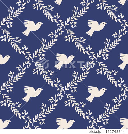 Cream Bird Folk Vine Pattern 131748844