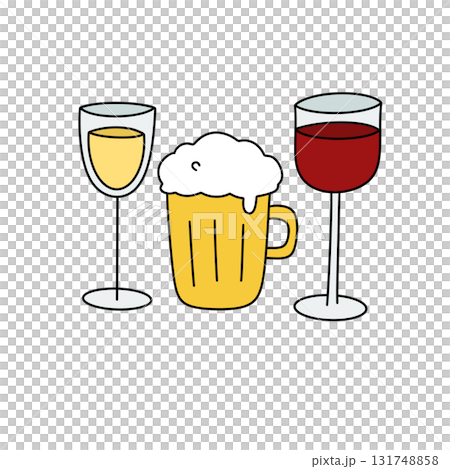 A cartoon drawing of a glass of wine, a glass of beer, and a glass of milk 131748858
