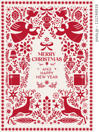 Merry Christmas Folk Reindeer Card 131748919