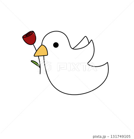 A white bird holding a red rose in its beak 131749105