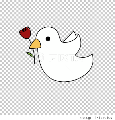 A white bird holding a red rose in its beak 131749105