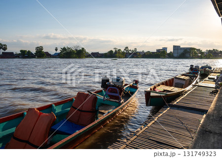 Bujis fishing boat near floating house, Lake Tempe, Indonesia 131749323