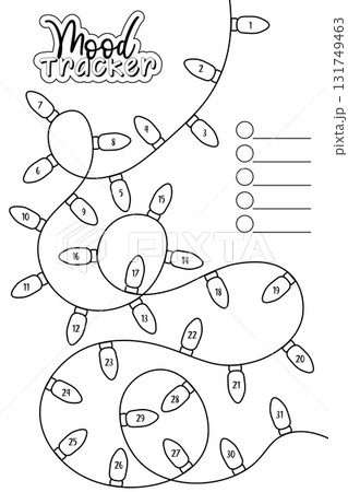 Christmas Garland Mood Tracker. Printable coloring page template. Creative festive lights on a tangled garland. Perfect worksheet for holiday season and December daily planning. Vector illustration Christmas Garland Mood Tracker. Printable coloring page template. Creative festive lights on a tangled garland. Perfect worksheet for holiday season and December daily planning. Vector illustration 131749463