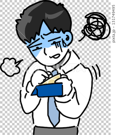 在向量圖上,一位年輕的辦公室職員因為缺錢而蒼白地檢查錢包。 在向量圖上,一位年輕的辦公室職員因為缺錢而蒼白地檢查錢包。 131749495