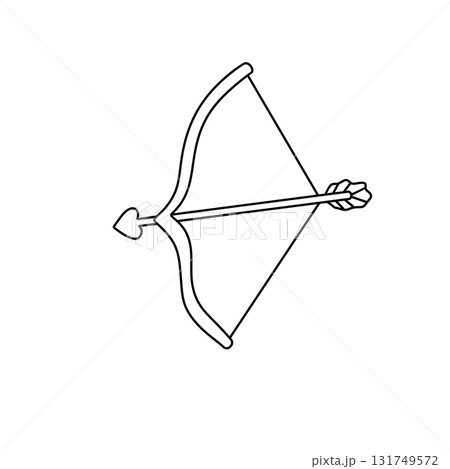 A black and white drawing of a bow and arrow with a heart on the arrow 131749572