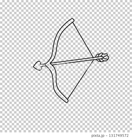 A black and white drawing of a bow and arrow with a heart on the arrow 131749572