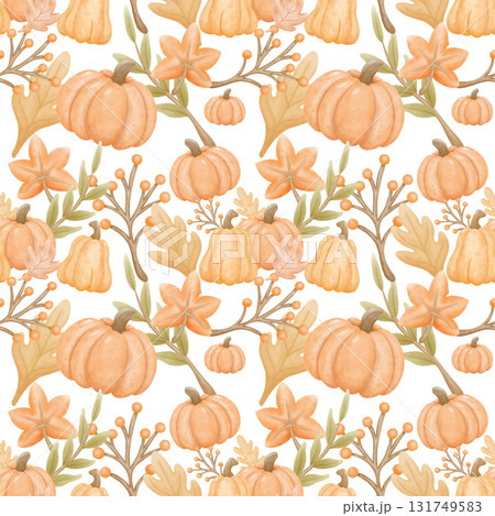 Thanksgiving holiday seamless watercolor pattern with harvest food and fall theme 131749583