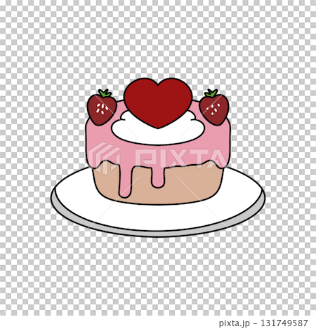 A pink cake with a heart on top and strawberries on the sides 131749587