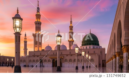 realistic mosque view with sunset colors and tranquil water foreground 131749652