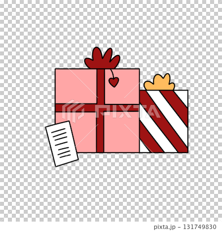 A red and white striped box with a red ribbon 131749830