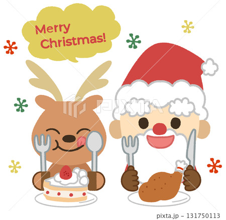 クリスマスディナーを食べる可愛いトナカイとサンタのアイコンイラスト 131750113