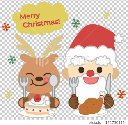 クリスマスディナーを食べる可愛いトナカイとサンタのアイコンイラスト 131750113