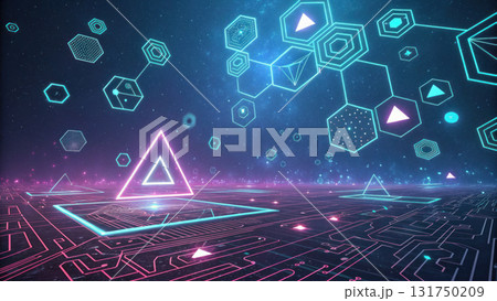 Awe inspiring futuristic technology background with digital neon grid and abstract network pattern. dynamic sci fi cyberspace landscape concept 131750209