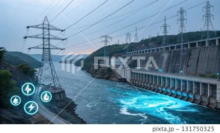 Hydroelectric power dam concept for clean energy generation. Glowing blue water shows powerful electricity technology and futuristic grid supply 131750325