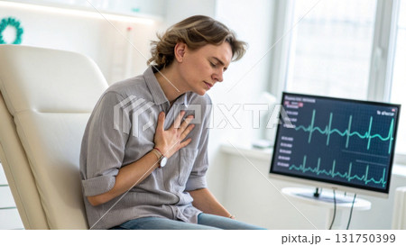Young man feeling sharp chest pain having heart attack symptom. Patient sitting in hospital clinic room waiting for doctor examination 131750399