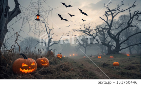 Spooky halloween background with scary glowing pumpkin in dark forest at night. Scattered jack o lanterns light mysterious foggy path 131750446