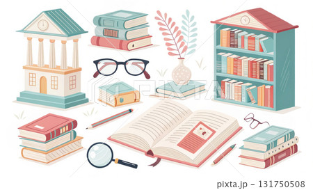 Charming book and library icon set illustration for education, knowledge, and study. This collection evokes love for reading and learning Charming book and library icon set illustration for education, knowledge, and study. This collection evokes love for reading and learning 131750508