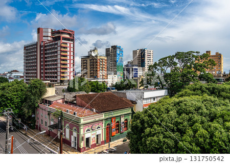Largo Sao Sebastiao Square in Manaus, Amazonas, Brazil in front of the Teatro Amazonas with a fountain in the center. 131750542