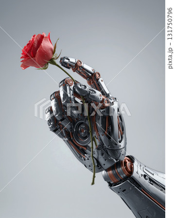 Robot hand offers a red rose, symbolizing a blend of technology and emotion in a modern world 131750796