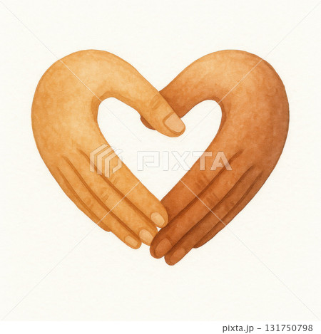 Heart shape created by interlocking hands in watercolor illustration, symbolizing unity and love. warm tones of hands convey sense of connection and harmony 131750798