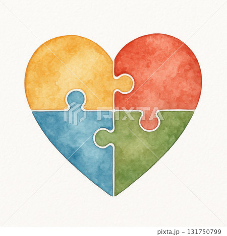 Watercolor illustration of heart composed of four puzzle pieces in vibrant colors, symbolizing unity and connection. This artwork evokes feelings of love and togetherness Watercolor illustration of heart composed of four puzzle pieces in vibrant colors, symbolizing unity and connection. This artwork evokes feelings of love and togetherness 131750799