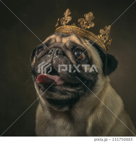 Playful pug dog wearing a gold crown poses cheerfully against a dark background 131750883