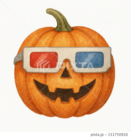 Watercolor illustration of smiling jack o lantern pumpkin wearing red and blue 3D glasses with green stem on white background, festive and playful Halloween design Watercolor illustration of smiling jack o lantern pumpkin wearing red and blue 3D glasses with green stem on white background, festive and playful Halloween design 131750928