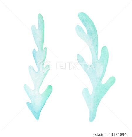 Turquoise seaweed watercolor clipart, hand drawn ocean plant element. Perfect for coastal stationery, invitations, fabric prints, wrapping paper, posters, and marine-themed decorative designs 131750943