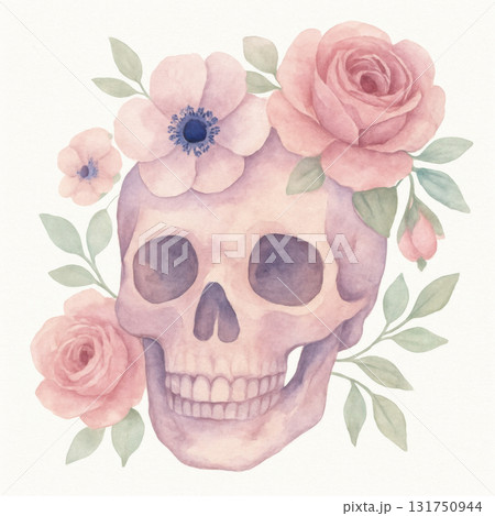 Watercolor illustration of pastel skull decorated with pink roses and soft green leaves, creating delicate and artistic floral composition with gentle colors and calm mood 131750944