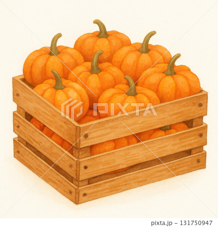 Watercolor illustration of wooden crate filled with small orange pumpkins with green stems, evoking warm and cozy autumn harvest feeling 131750947