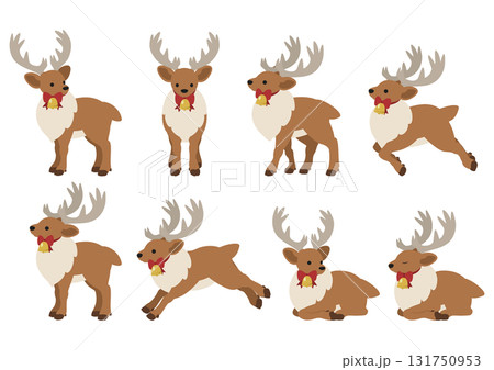 クリスマスリボンとベルをつけたトナカイのかわいいベクターイラスト素材セット 131750953