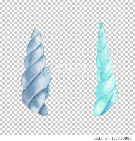 Two spiral seashells in blue and aqua tones, watercolor illustration, hand drawn. Perfect for summer invitations, fabric patterns, wrapping paper, stickers, and nautical digital scrapbook designs Two spiral seashells in blue and aqua tones, watercolor illustration, hand drawn. Perfect for summer invitations, fabric patterns, wrapping paper, stickers, and nautical digital scrapbook designs 131750999