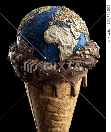 Melting ice cream cone shaped like the globe with chocolate and colorful sprinkles Melting ice cream cone shaped like the globe with chocolate and colorful sprinkles 131751002