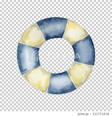 Blue and yellow lifebuoy watercolor illustration, hand drawn nautical clipart. Great for invitations, travel stationery, wall art, stickers, fabric patterns, beach wedding designs, and packaging 131751016