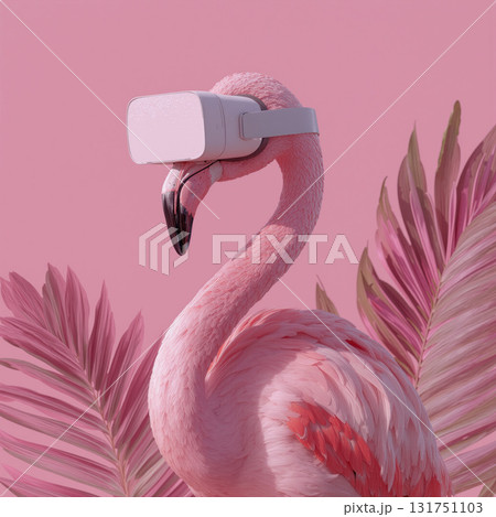 Flamingo explores virtual reality in a tropical paradise setting with pink palm leaves 131751103