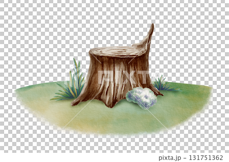 Whimsical tree stump with soft grass and fluffy moss on meadow turning,created with watercolor washes and textured colored pencils.For childrens books,nature themes,and precshool educational projects Whimsical tree stump with soft grass and fluffy moss on meadow turning,created with watercolor washes and textured colored pencils.For childrens books,nature themes,and precshool educational projects 131751362