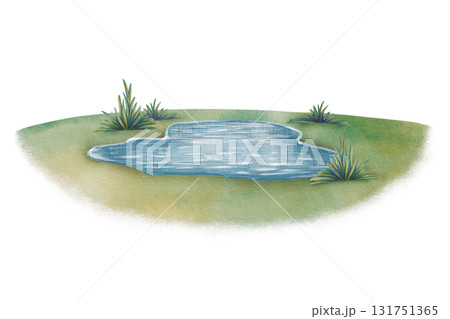 Sunny meadow with yellowing grass and a tiny pond,painted with soft watercolor washes and textured colored pencils.For childrens books,nature themes and outdoor scenes Sunny meadow with yellowing grass and a tiny pond,painted with soft watercolor washes and textured colored pencils.For childrens books,nature themes and outdoor scenes 131751365