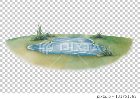 Sunny meadow with yellowing grass and a tiny pond,painted with soft watercolor washes and textured colored pencils.For childrens books,nature themes and outdoor scenes Sunny meadow with yellowing grass and a tiny pond,painted with soft watercolor washes and textured colored pencils.For childrens books,nature themes and outdoor scenes 131751365