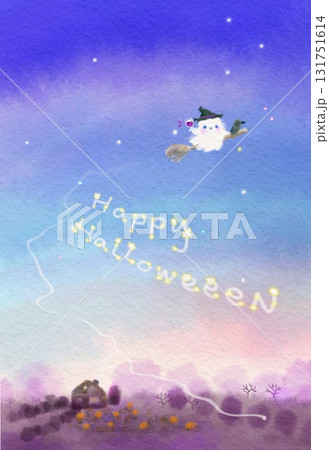 ワイングラスを手にほうきで夜空を飛ぶ可愛いお化けハロウィンイラスト 131751614