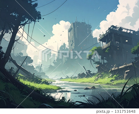 植物が生い茂る廃墟の街5　ai生成画像 131751648