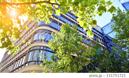 Glass office building surrounded with green trees. Eco-friendly office building. Sustainable architecture of city reducing heat carbon dioxide modern city environment. Glass office building surrounded with green trees. Eco-friendly office building. Sustainable architecture of city reducing heat carbon dioxide modern city environment. 131751721